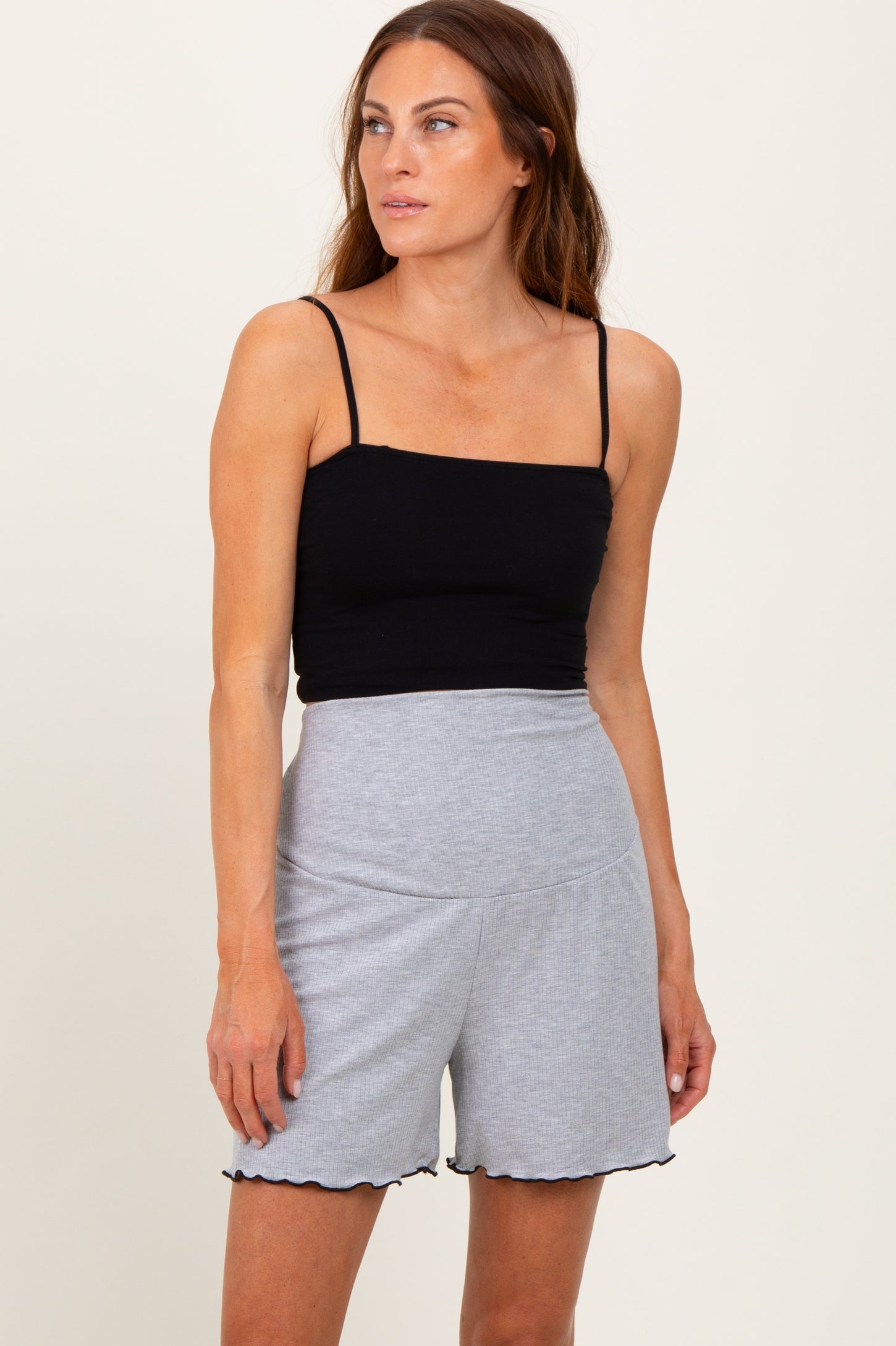 Heather Gray Ribbed Maternity High Waisted Maternity Lounge Shorts