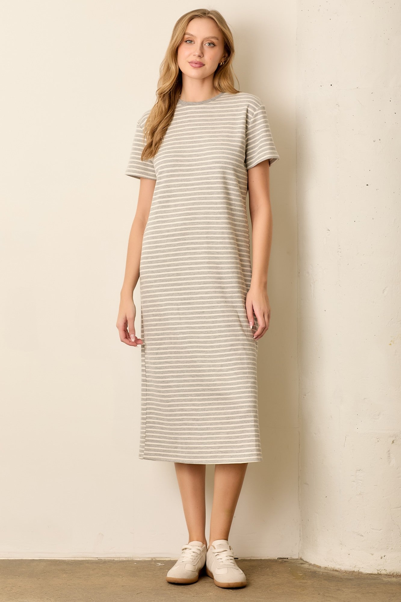 Heather Grey Striped Short Sleeve T-Shirt Midi Dress