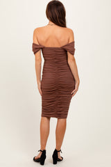 Mocha Mesh Ruched Off Shoulder Fitted Dress