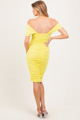 Yellow Mesh Ruched Off Shoulder Maternity Fitted Dress