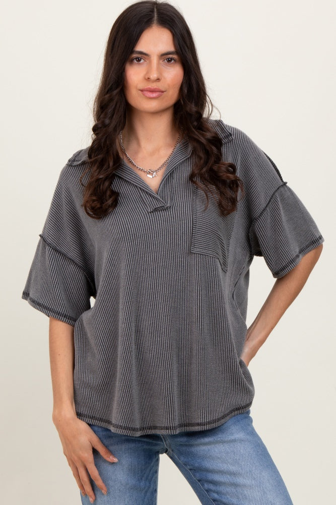 Charcoal Two Tone Ribbed Reverse Stitch Maternity Tunic Top