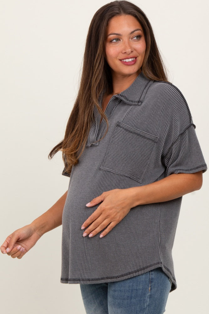 Charcoal Two Tone Ribbed Reverse Stitch Maternity Tunic Top