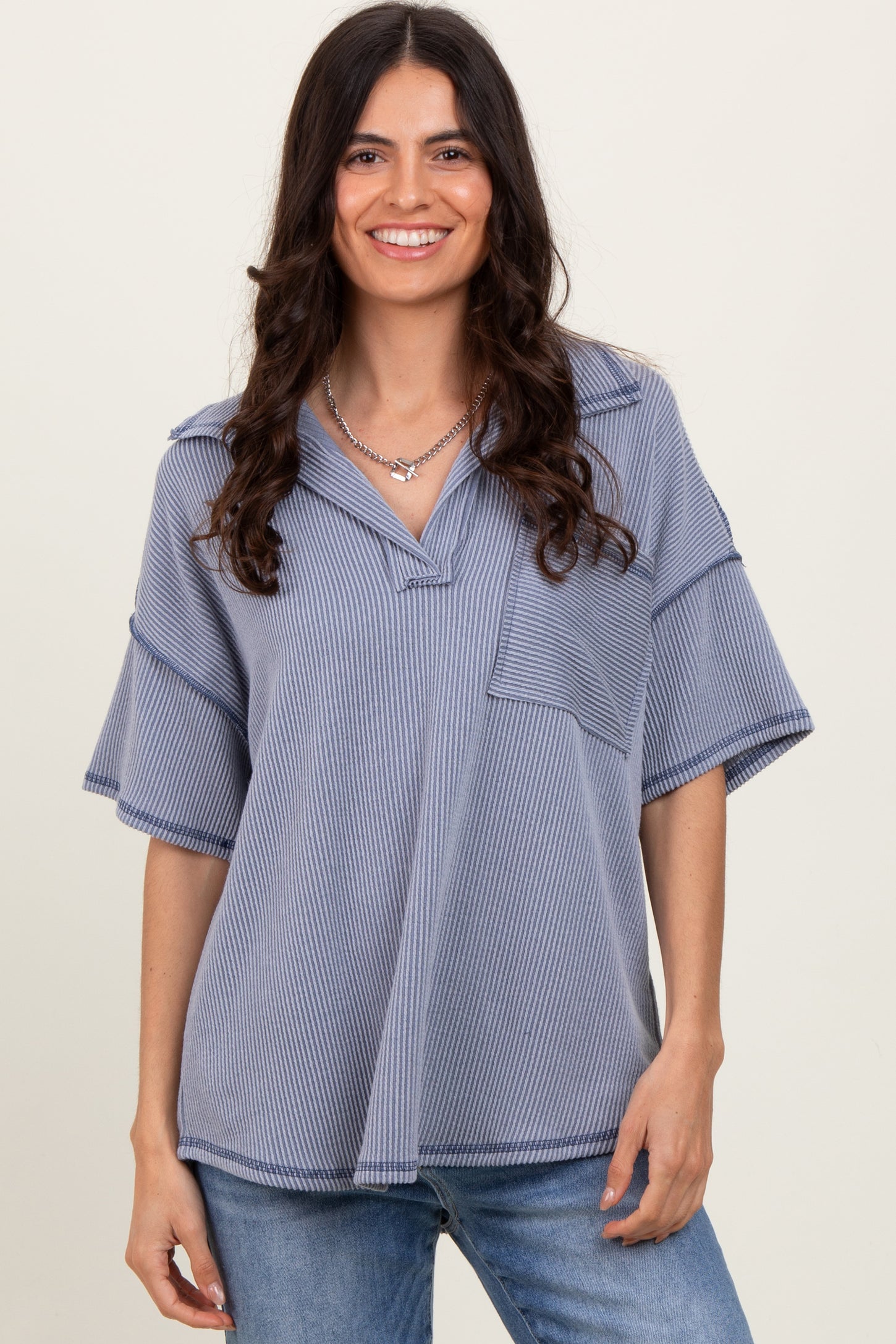 Gray Ribbed Reverse Stitch Tunic Top