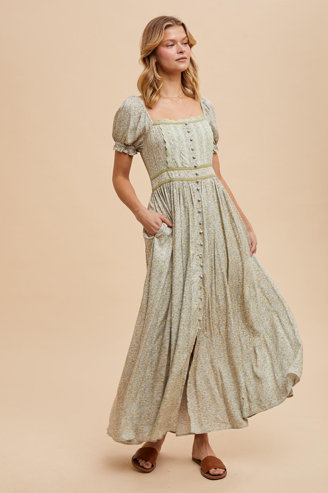 Light Olive Floral Lace Trim Maxi Dress