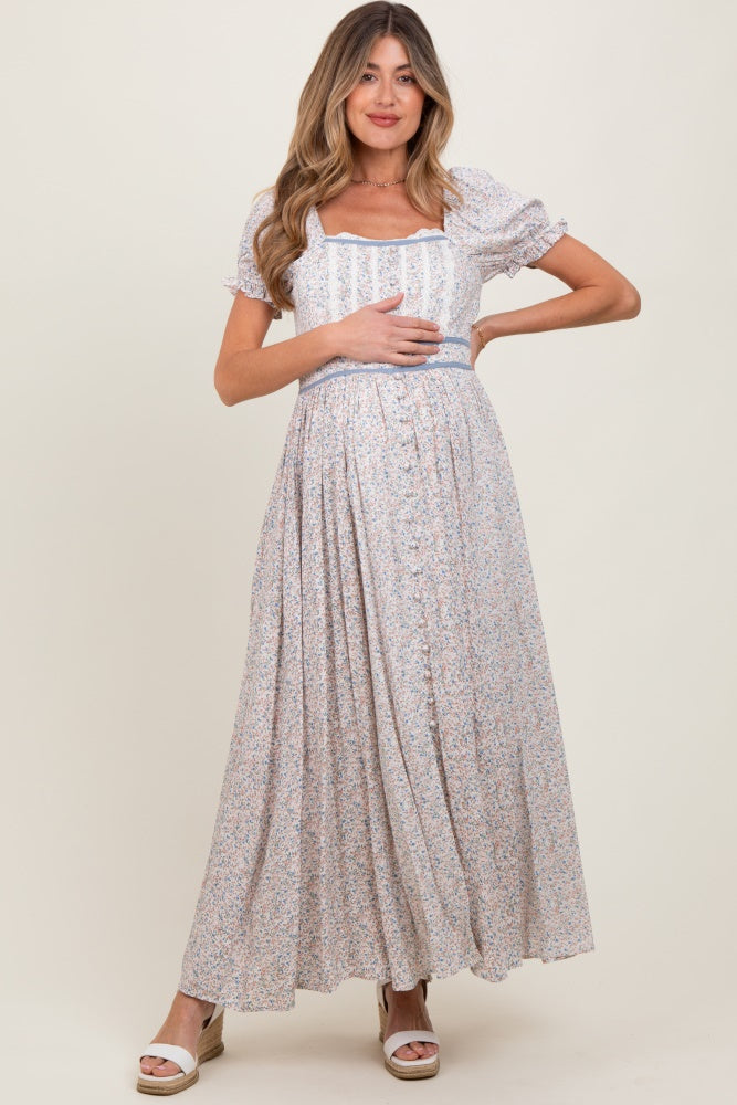 Cream Floral Lace Trim Maternity Maxi Dress