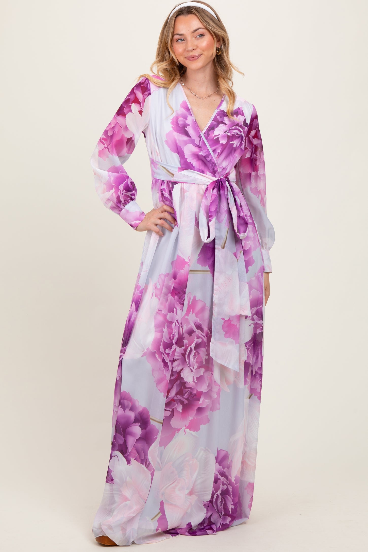 Purple Floral Chiffon Long Sleeve Maxi Dress