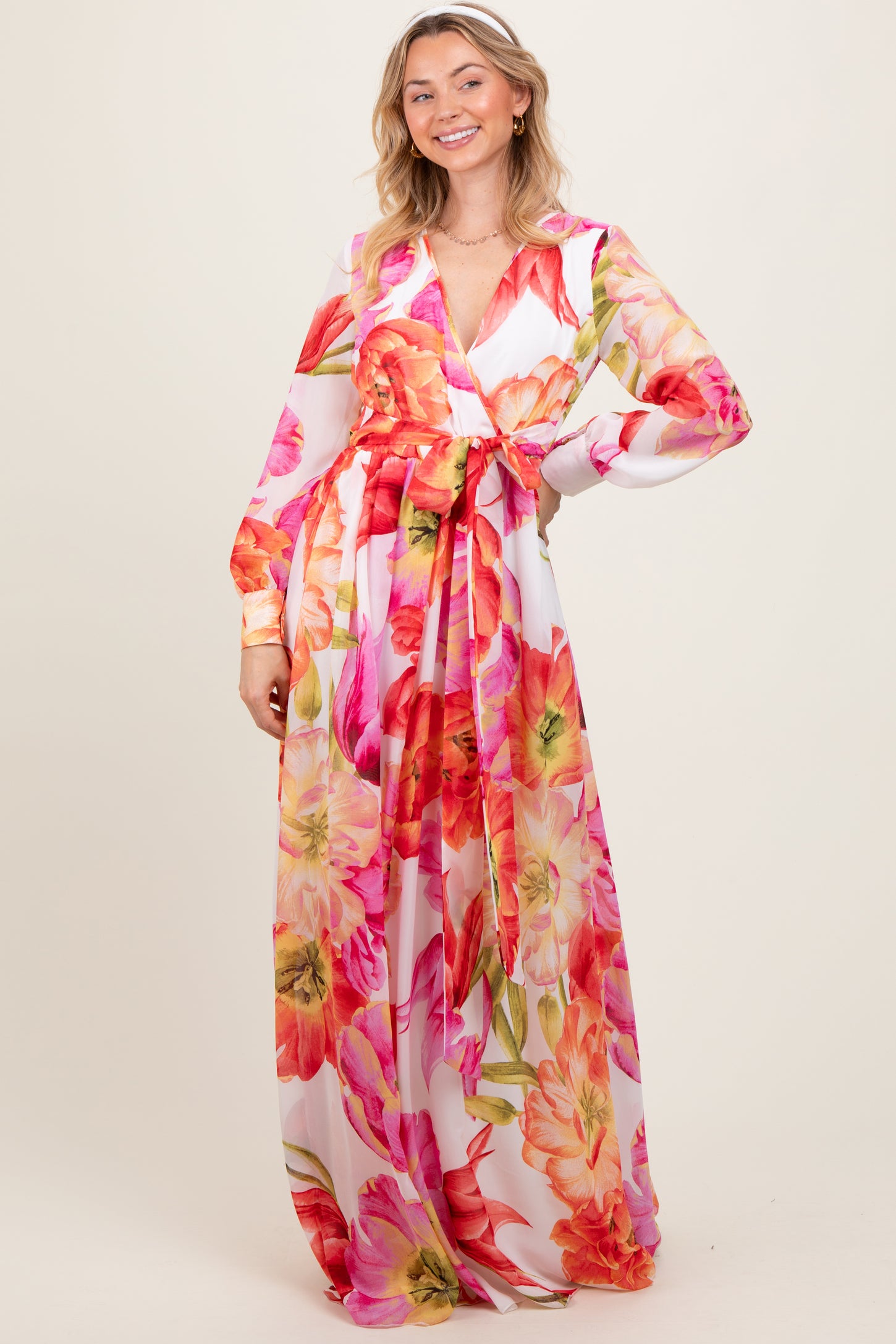 Red  Floral Chiffon Long Sleeve Maxi Dress
