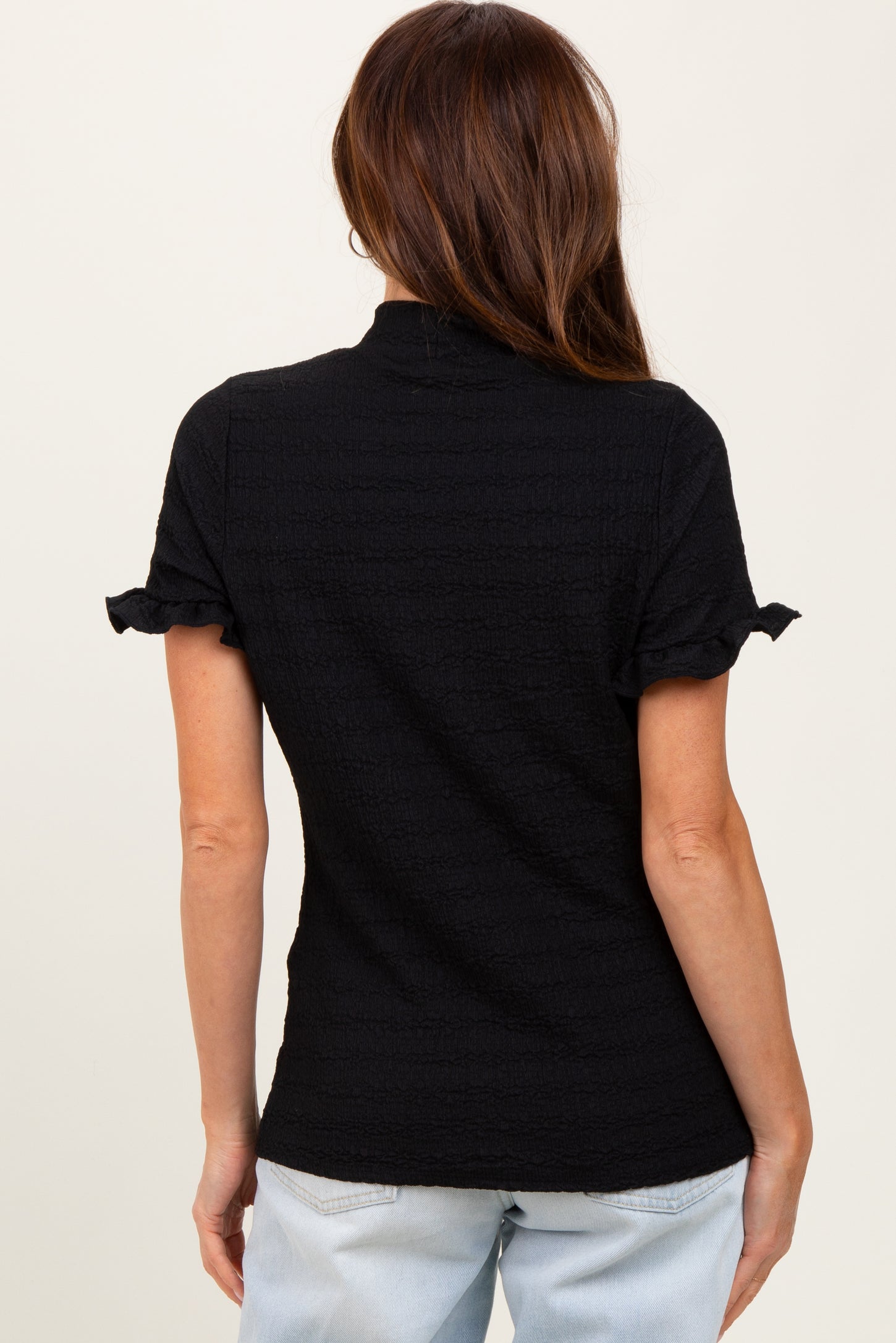 Black Solid Puff Knit Mock Neck Top