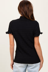 Black Solid Puff Knit Mock Neck Top