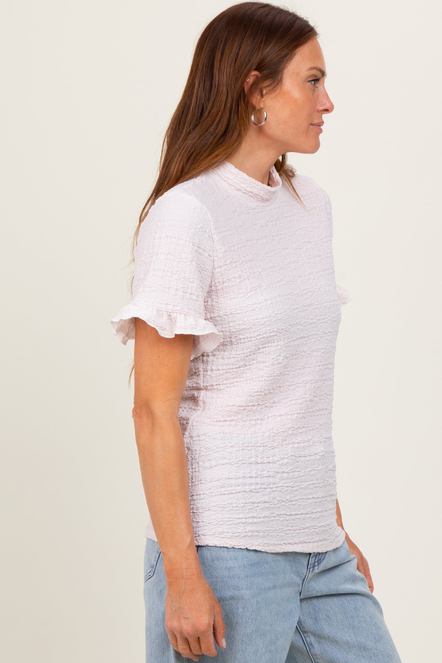 Light Pink Solid Puff Knit Mock Neck Top