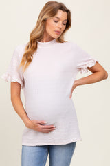 Light Pink Solid Puff Knit Mock Neck Maternity Top