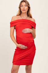 Red Off Shoulder Ruched Maternity Mini Dress