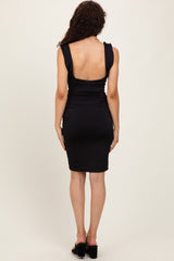 Black Square Neck Ruched Midi Dress