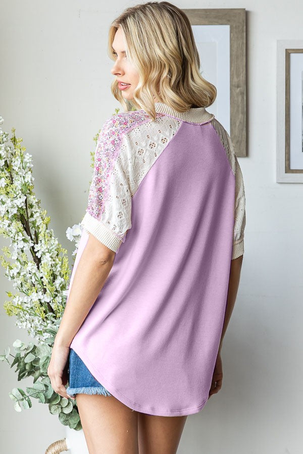 Lavender Floral Lace Inset Short Sleeve Top