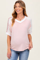 Light Pink Floral Lace Inset Short Sleeve Maternity Top