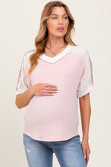 Light Pink Floral Lace Inset Short Sleeve Maternity Top