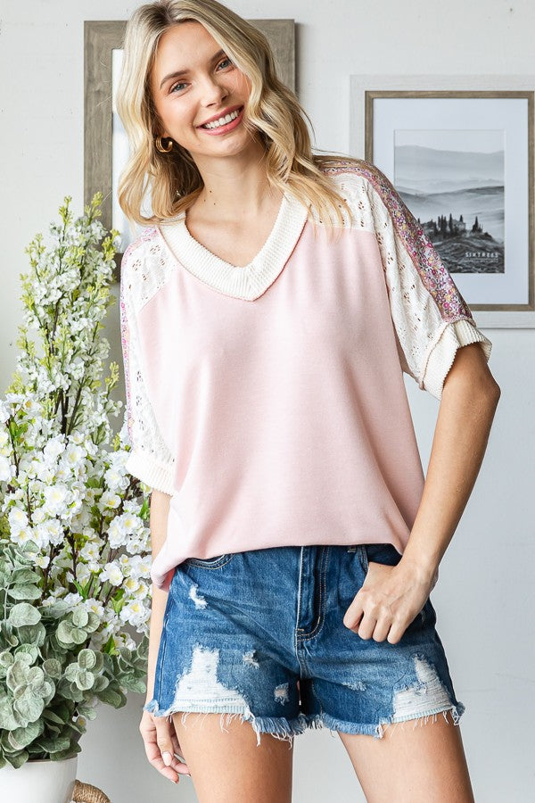 Light Pink Floral Lace Inset Short Sleeve Maternity Top