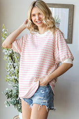 Pink Striped Textured Short Sleeve Top