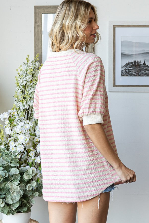 Pink Striped Textured Short Sleeve Top