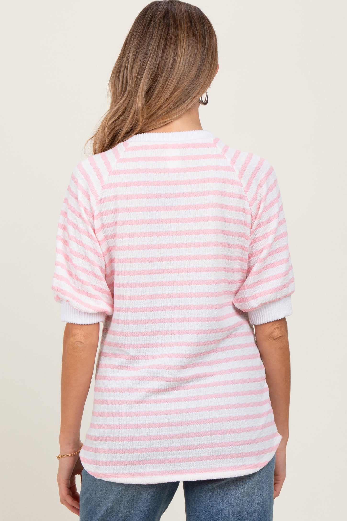 Pink Striped Textured Short Sleeve Maternity Top