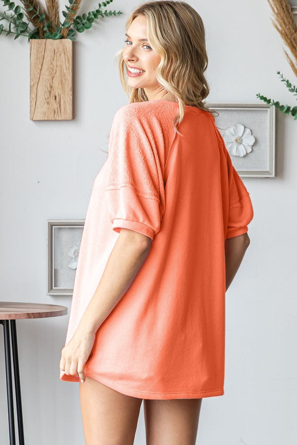 Orange Terry Contrast Short Sleeve Top