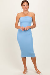 Light Blue Fitted Tube Knit Maternity Midi Dress