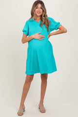 Turquoise Textured Maternity Polo Dress
