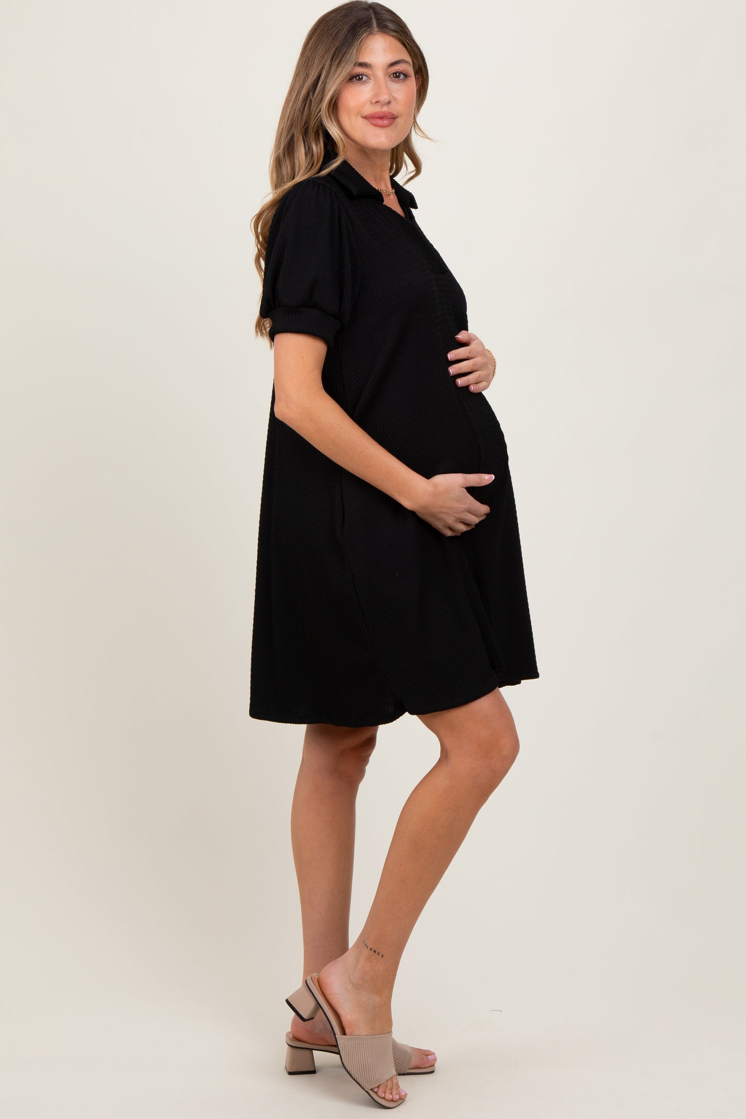 Black Textured Maternity Polo Dress