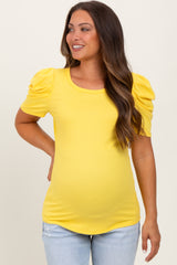 Yellow Ribbed Ruched Short Sleeve Maternity Top
