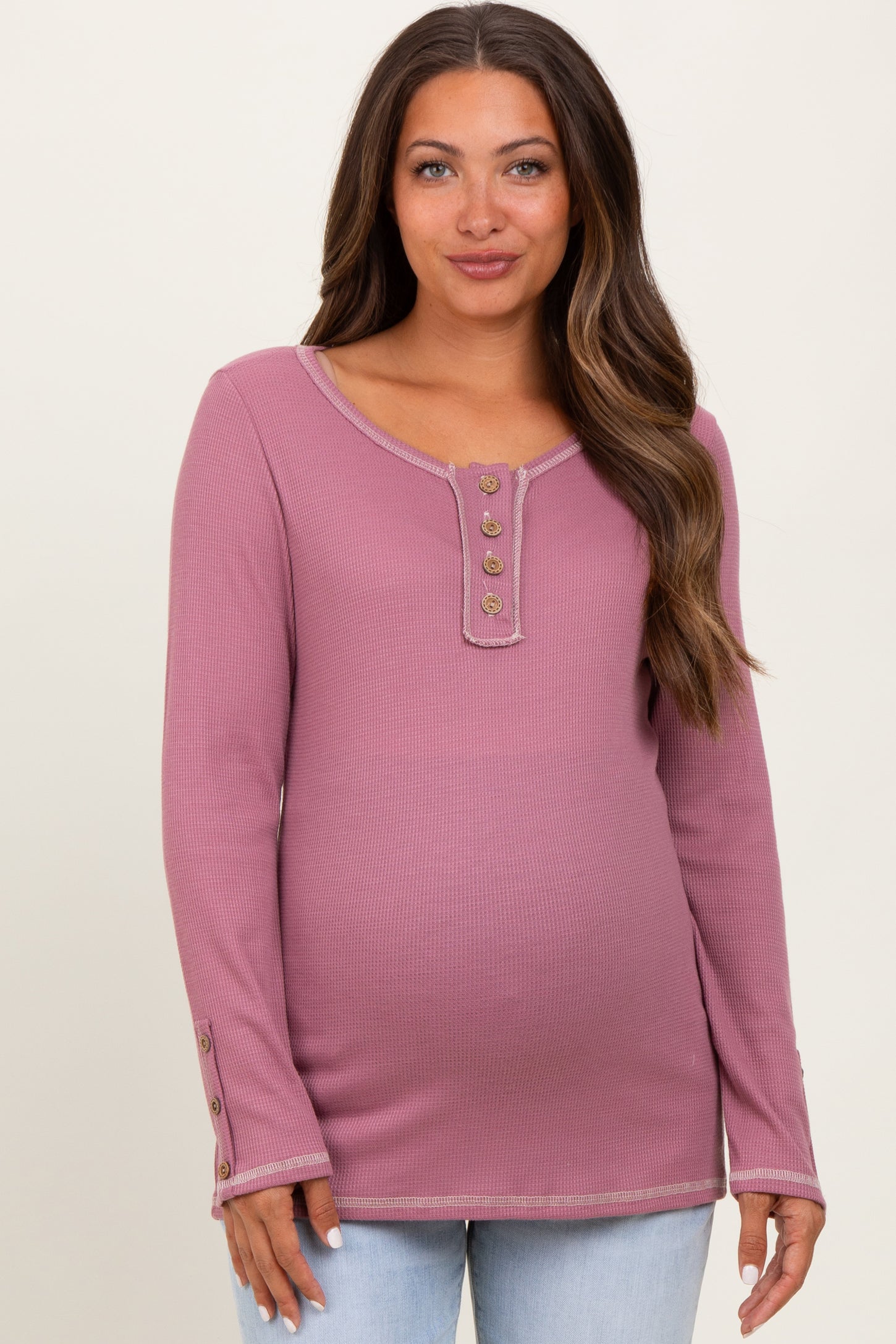 Mauve Button Detail Maternity Long Sleeve Thermal Top