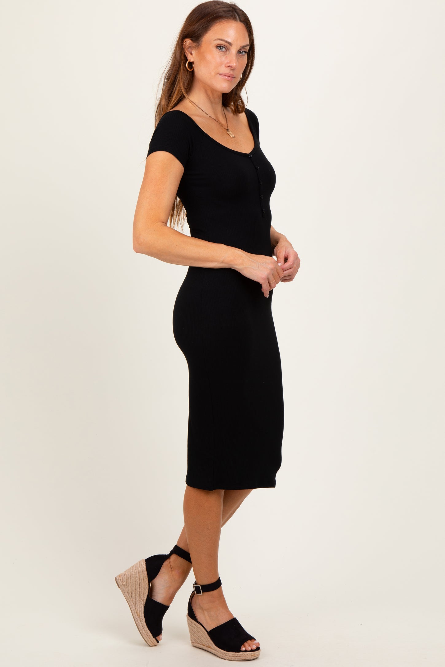 Black Ribbed Wide Neckline Fitted Midi Dress