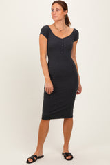 Charcoal Ribbed Wide Neckline Fitted Maternity Midi Dress
