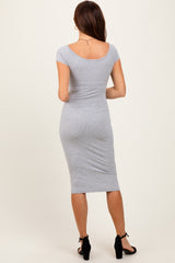 Heather Grey Ribbed Wide Neckline Fitted Midi Dress