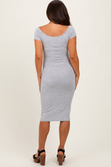 Heather Grey Ribbed Wide Neckline Fitted Maternity Midi Dress