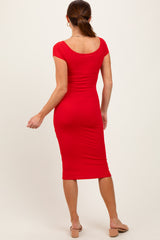 Red Ribbed Wide Neckline Fitted Midi Dress