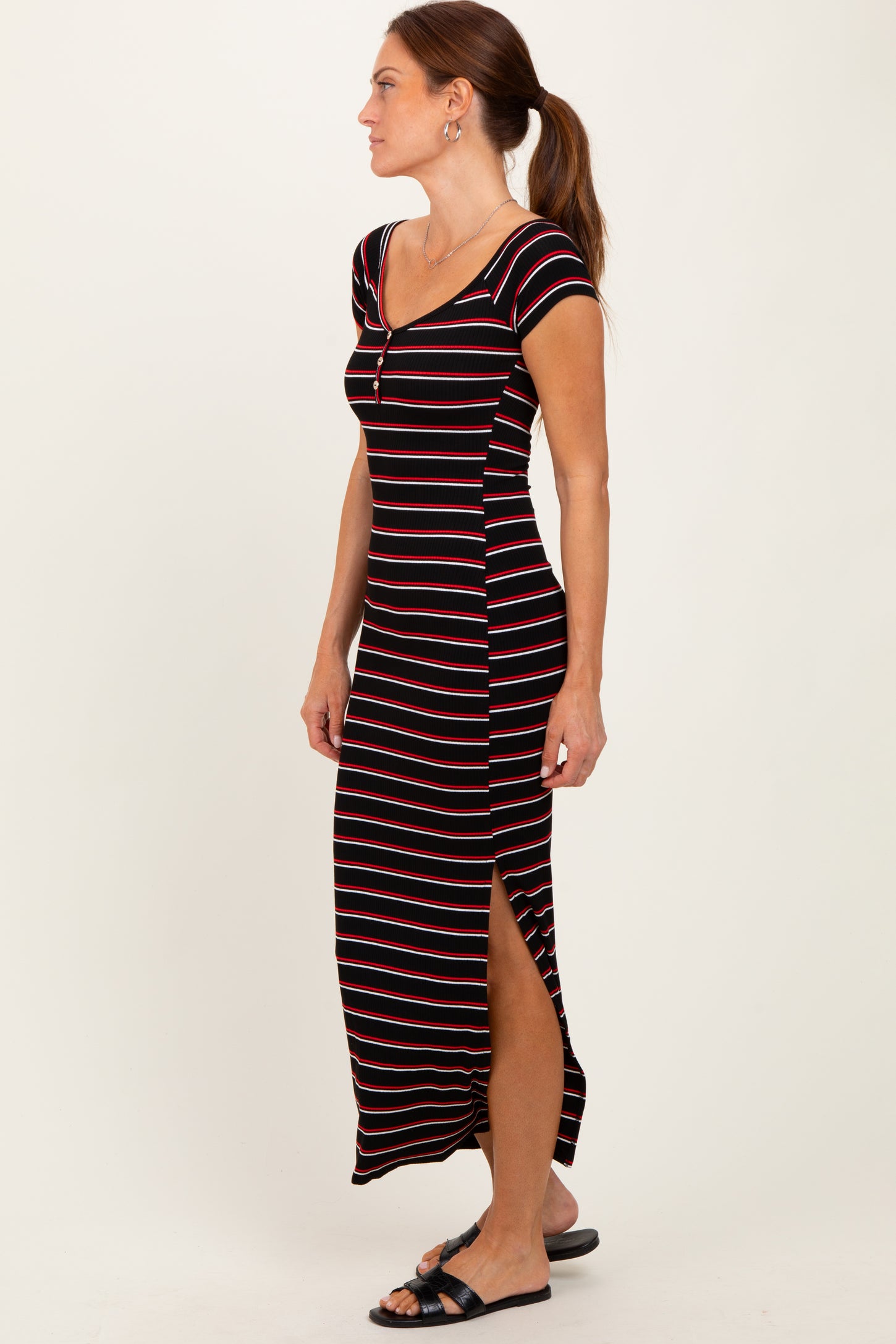 Black Striped Wide Neckline Side Slit Maxi Dress