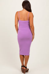 Lavender Button Detail Thin Strap Fitted Maternity Midi Dress
