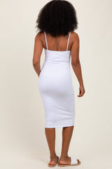White Button Detail Thin Strap Fitted Midi Dress