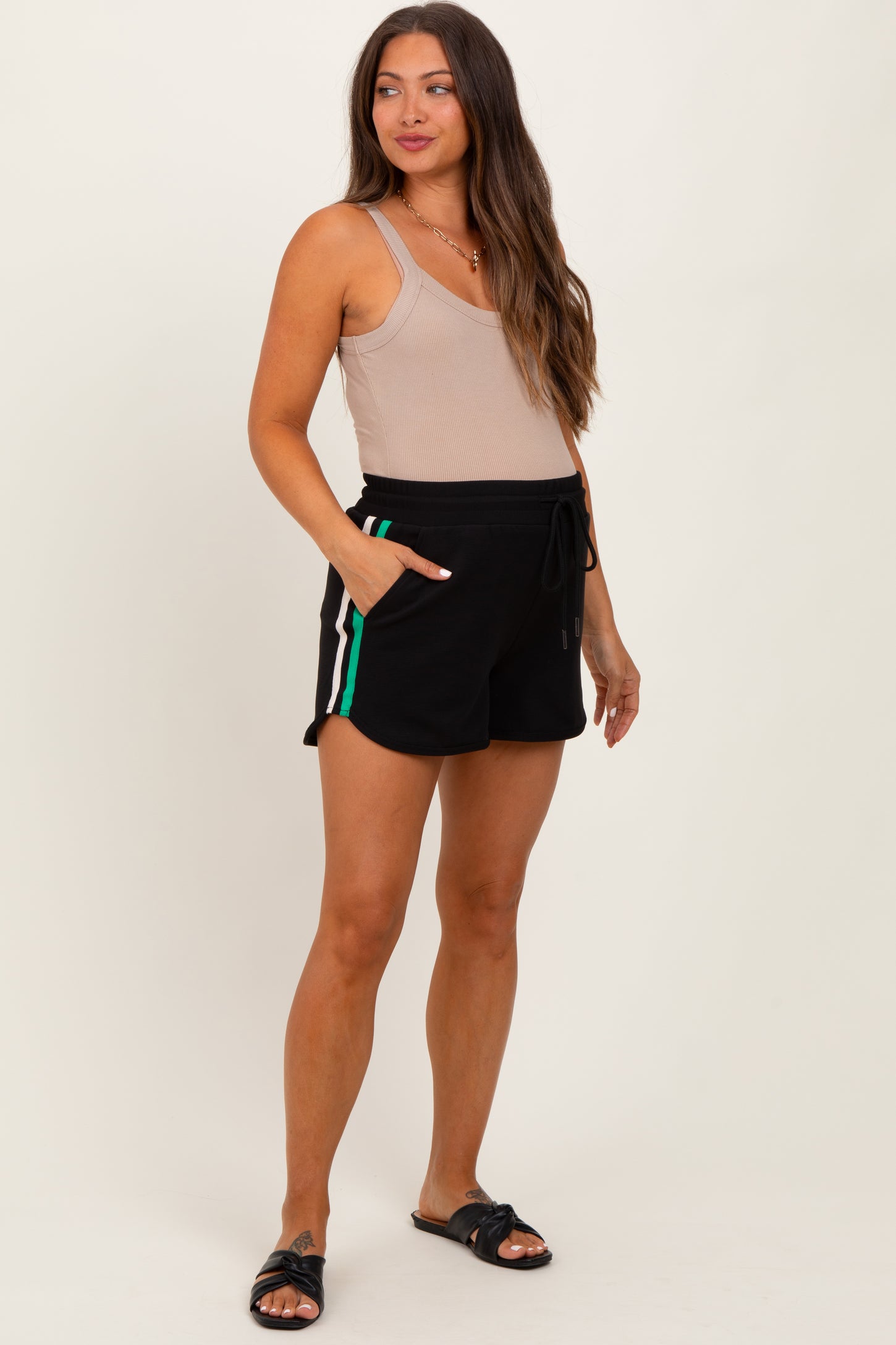 Black Drawstring Stripe Detail Maternity Shorts