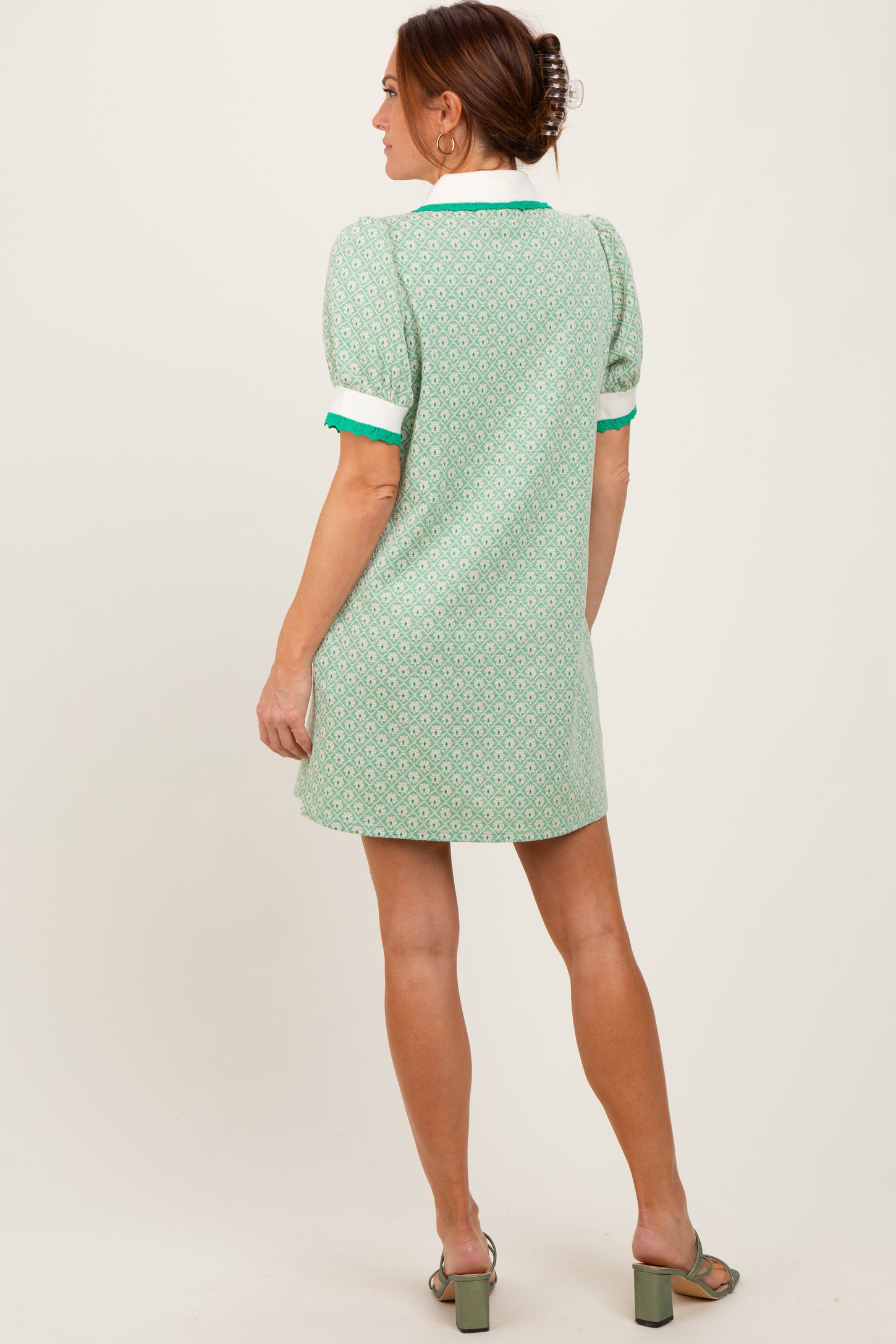 Green Diamond Print Crochet Trim Polo Dress