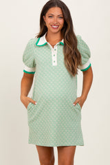 Green Diamond Print Crochet Trim Maternity Polo Dress