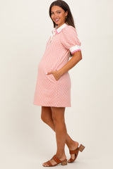 Pink Diamond Print Crochet Trim Maternity Polo Dress
