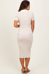 Beige Striped Knit Collared Maternity Midi Dress