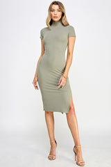 Light Olive Mock Neck Short Sleeve Dress