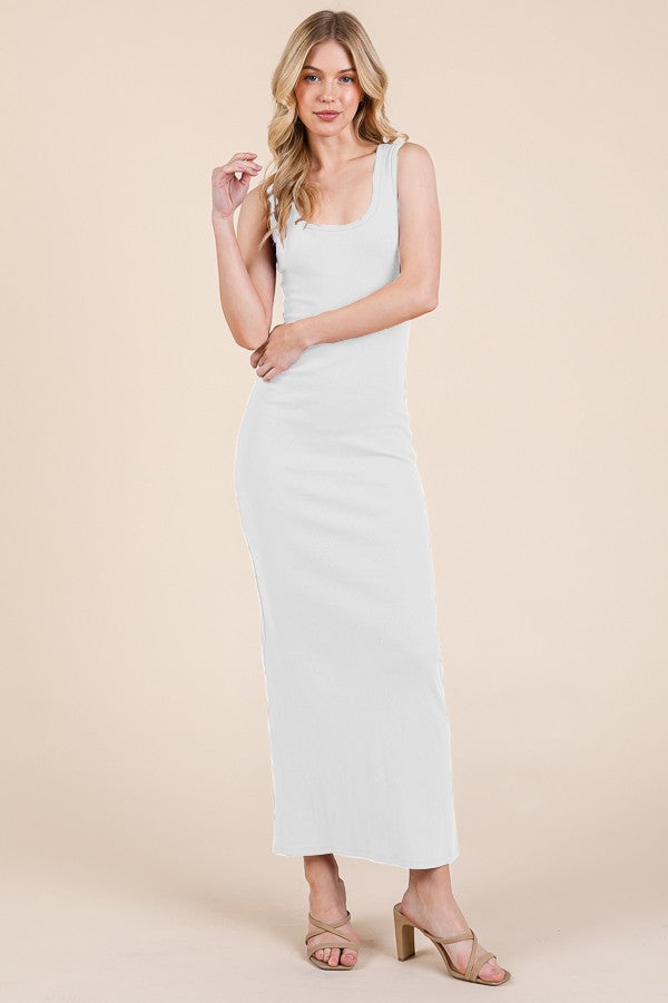 White Ribbed Basic Maxi Dress
