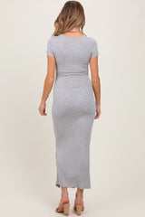 Heather Gray Short Sleeve Scoop Side Slit Maternity Dress