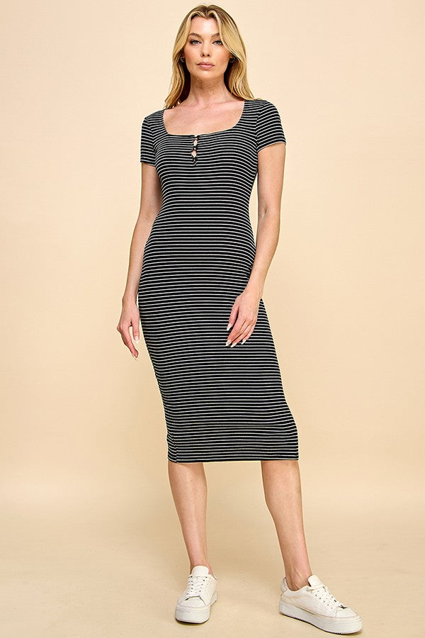 Black Striped Button Square Neck Maternity Dress