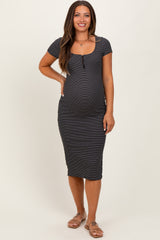 Black Striped Button Square Neck Maternity Dress