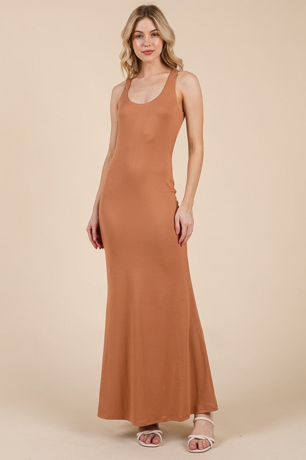 Camel Scoop Neck Fishtail Maxi Dress