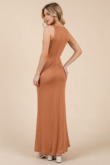 Camel Scoop Neck Fishtail Maxi Dress
